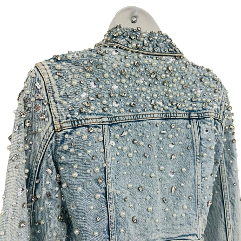ALICE + OLIVIA Nelson Embellished Beaded Cropped Fitted Denim Jean Jacket Md NEW - Picture 13 of 15